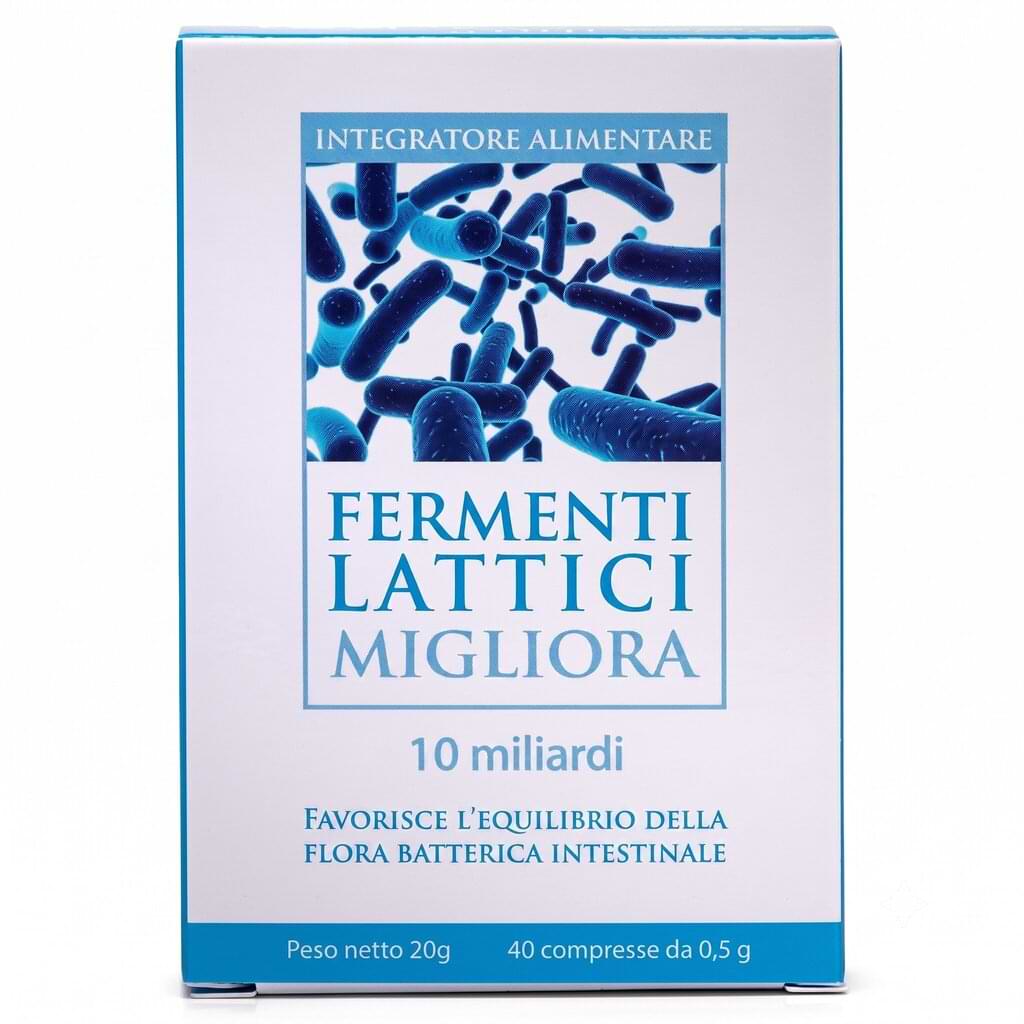 Confezione di Fermenti Lattici Migliora Fitosofia, integratore probiotico 10 miliardi multiceppo, 40 compresse insapori.