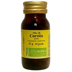 Flacone ambrato di Olio di Carota in perle Fitosofia da 60 capsule (42g) con etichetta gialla che specifica "Integratore Alimentare", fonte di Beta-Carotene naturale per supportare la vista e l'abbronzatura.