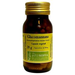 Flacone in vetro dell'integratore di Glucomannano in capsule vegetali da 500mg Fitosofia, fibra di radice di konjac per favorire il senso di sazietà.
