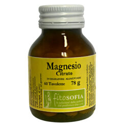 Confezione in vetro ambrato di Magnesio Citrato Fitosofia da 60 tavolette. Integratore ad alta biodisponibilità per favorire il transito intestinale in caso di stitichezza.