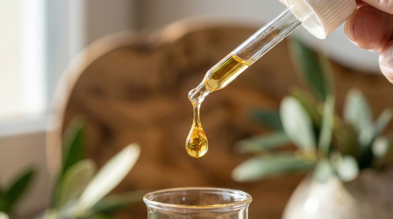 Una goccia d'olio dorato e limpido sta cadendo dall'estremità di un contagocce di vetro.