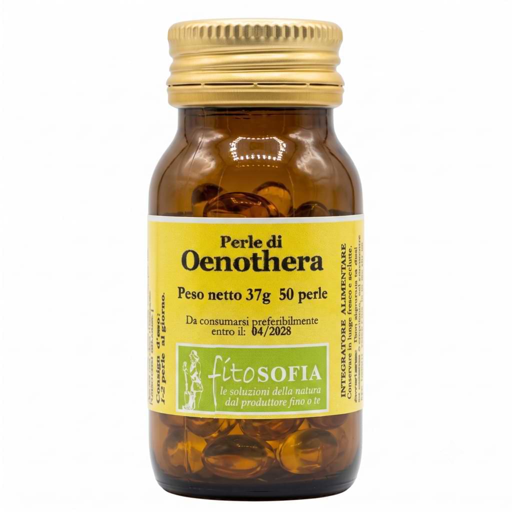 Perle di Olio di Enotera Fitosofia, integratore di GLA (Omega-6) con Vitamina E, 50 perle in flacone di vetro scuro.