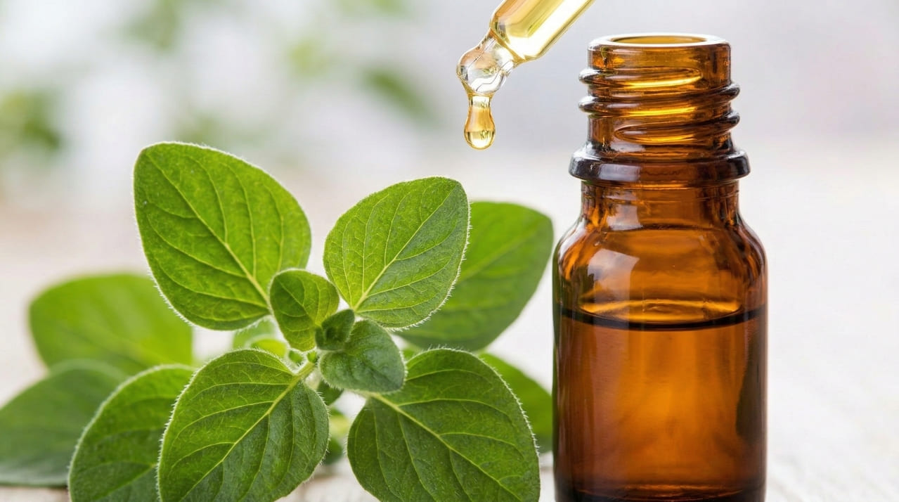 Flacone in vetro ambrato di olio essenziale di origano ricco di Carvacrolo.