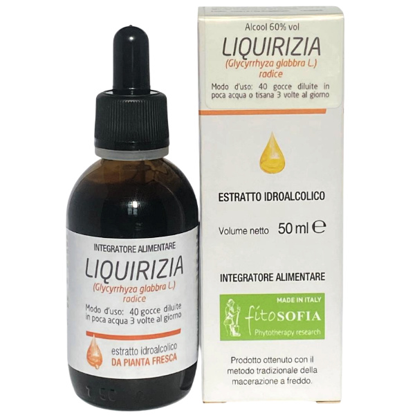 Confezione e flacone di Tintura Madre di Liquirizia (Glycyrrhiza glabra) Fitosofia, estratto da radice fresca.