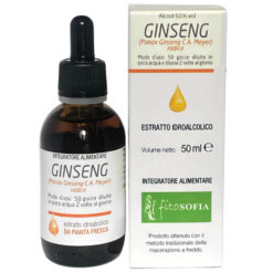 Flacone di Tintura Madre di Ginseng (Panax ginseng), estratto idroalcolico naturale per energia e concentrazione.