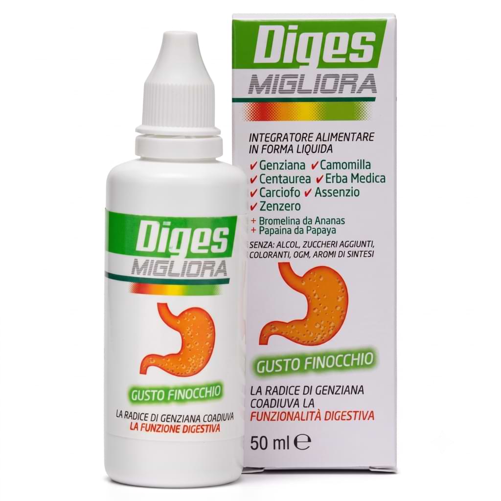 Confezione di Diges, digestivo naturale analcolico in gocce a base di genziana, carciofo e zenzero, gusto finocchio, 50 ml.