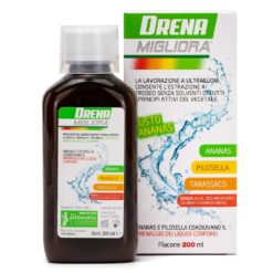 Drena Migliora, drenante naturale ad Ananas, Pilosella e Tarassaco al gusto ananas, flacone e astuccio 200 ml