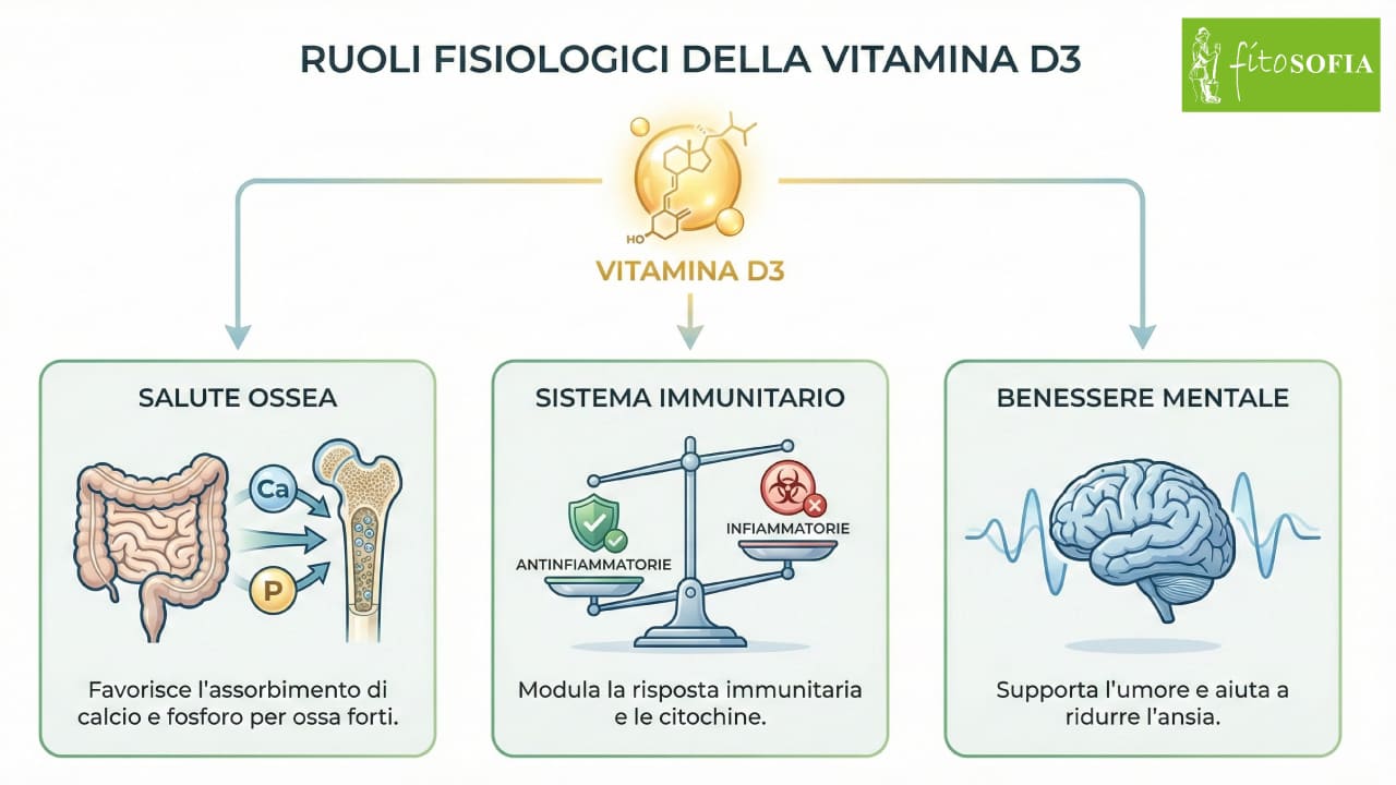 Infografica che illustra i tre Ruoli Fisiologici della Vitamina D3. Al centro, un'icona molecolare della Vitamina D3. A sinistra, il pannello Salute Ossea mostra l'assorbimento intestinale di Calcio e Fosforo nelle ossa. Al centro, il pannello Sistema Immunitario usa una bilancia per mostrare la modulazione delle citochine, favorendo quelle antinfiammatorie rispetto a quelle infiammatorie. A destra, il pannello Benessere Mentale mostra un cervello con onde calme, indicando il supporto all'umore e la riduzione dell'ansia.