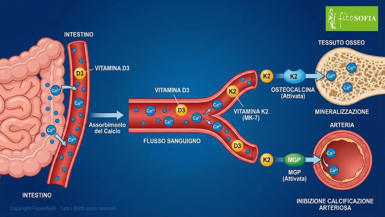Diagramma che illustra la sinergia D3-K2. La Vitamina D3 facilita l'assorbimento del calcio nell'intestino. Nel flusso sanguigno, la Vitamina K2 attiva l'osteocalcina per depositare il calcio nelle ossa (mineralizzazione) e attiva la MGP per inibire la calcificazione nelle arterie.