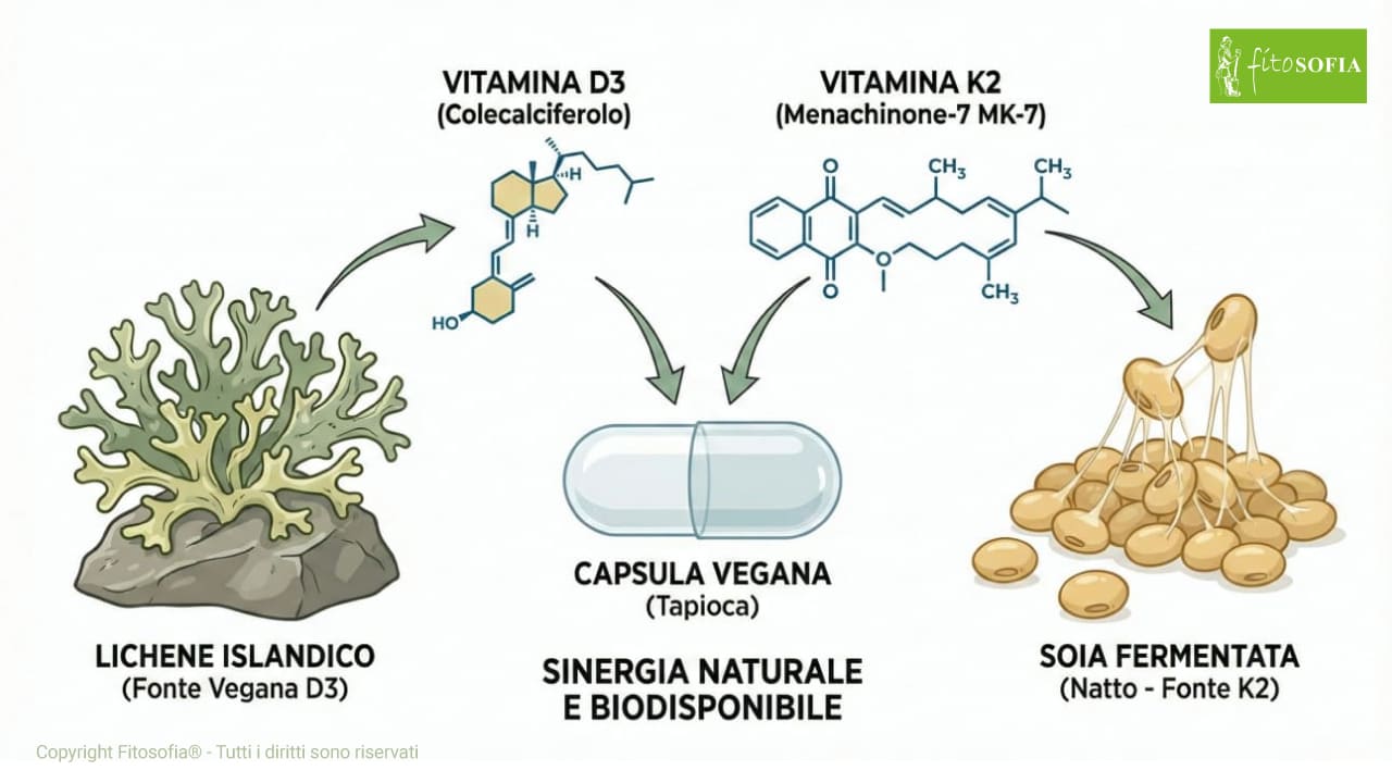 Illustrazione scientifica vettoriale che mostra le fonti vegane dell'integratore. A sinistra, il Lichene Islandico da cui si estrae la Vitamina D3 (Colecalciferolo). A destra, la soia fermentata (Natto) da cui si estrae la Vitamina K2 (Menachinone-7). Entrambe convergono in una capsula di tapioca.