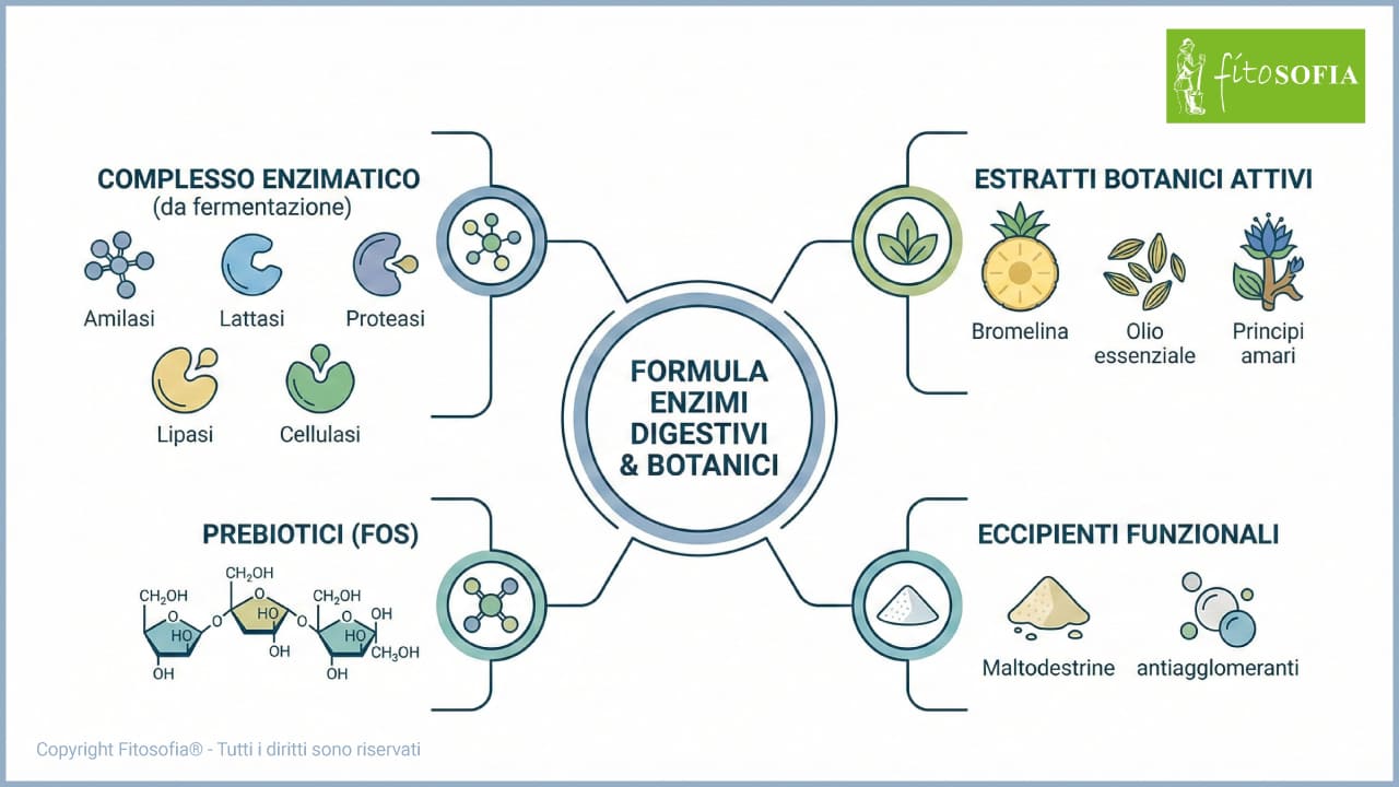 Diagramma scientifico vettoriale della formula Enzimi Digestivi. Mostra quattro moduli collegati al centro: Complesso Enzimatico (Amilasi, Lattasi, Proteasi, Lipasi, Cellulasi), Estratti Botanici Attivi (Bromelina, Olio essenziale, Principi amari), Prebiotici (FOS), ed Eccipienti Funzionali (Maltodestrine, antiagglomeranti). Stile pulito e tecnico.