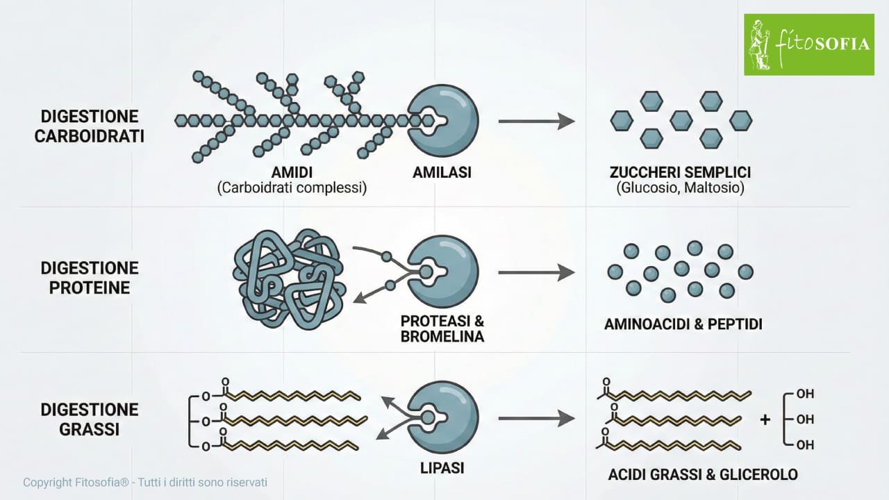 Illustrazione biochimica vettoriale che mostra l'azione specifica degli enzimi. Pannello superiore: l'Amilasi scinde gli Amidi (Carboidrati complessi) in Zuccheri Semplici. Pannello centrale: Proteasi e Bromelina scindono le Proteine in Aminoacidi e Peptidi. Pannello inferiore: la Lipasi scinde i Grassi (trigliceridi) in Acidi Grassi e Glicerolo.