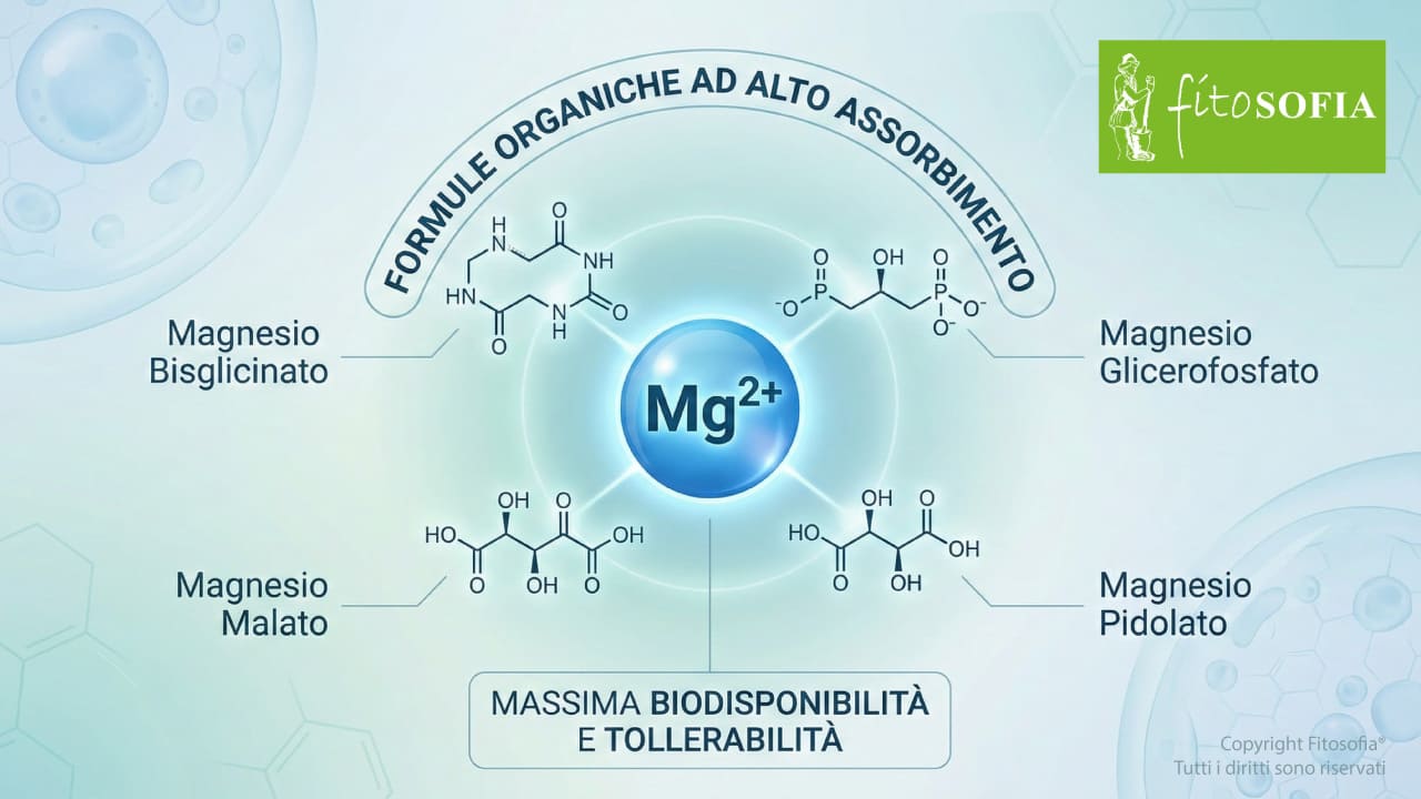 Illustrazione scientifica vettoriale che mostra le strutture molecolari delle quattro forme di magnesio organico (Pidolato, Gluconato, Bisglicinato, Malato) che circondano uno ione Mg2+, con etichette in italiano che indicano "Formule organiche ad alto assorbimento" e "Massima biodisponibilità e tollerabilità"