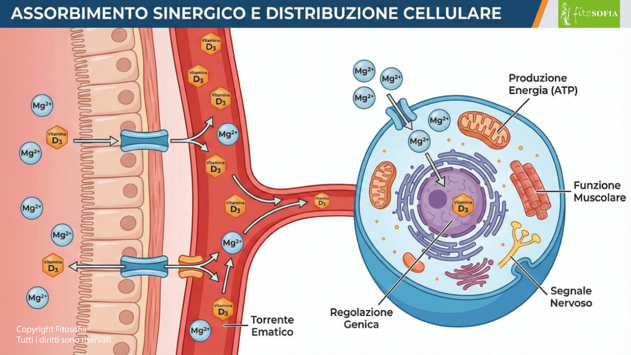 Diagramma vettoriale scientifico che illustra l'assorbimento sinergico di Magnesio (Mg2+) e Vitamina D3 nell'intestino e la loro distribuzione cellulare. Mostra l'ingresso di Mg2+ e Vitamina D3 nella cellula e il loro ruolo nella produzione di energia (ATP), funzione muscolare, segnale nervoso e regolazione genica.