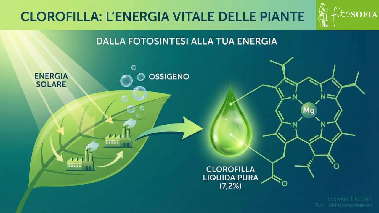 Illustrazione vettoriale che mostra il processo di fotosintesi dove l'energia solare viene convertita dalla pianta, producendo ossigeno e clorofilla, visualizzata come una goccia di liquido puro e la sua struttura molecolare con il nucleo di Magnesio (Mg)