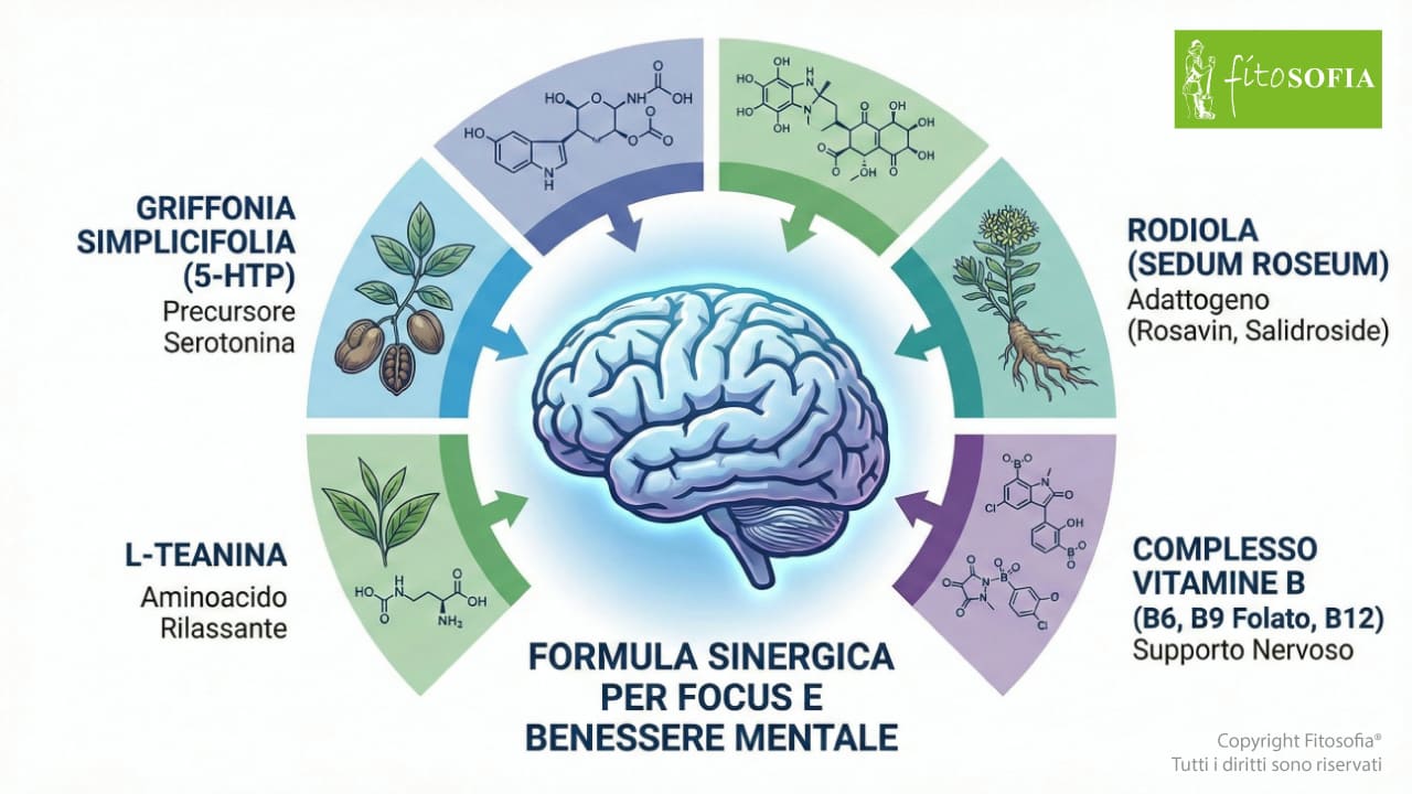 Diagramma vettoriale scientifico che illustra la formula sinergica di Optimamente. Un cervello centrale è circondato da quattro ingredienti chiave: Griffonia simplicifolia (5-HTP, precursore serotonina), Rodiola (Sedum roseum, adattogeno con rosavin e salidroside), L-Teanina (aminoacido rilassante) e Complesso Vitamine B (B6, B9, B12, supporto nervoso), tutti che puntano al cervello per migliorare focus e benessere mentale.