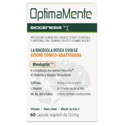 Scatola di OptimaMente da 60 capsule, integratore adattogeno con Rhodiola, Griffonia e L-Teanina per supportare focus mentale, concentrazione e resistenza allo stress.