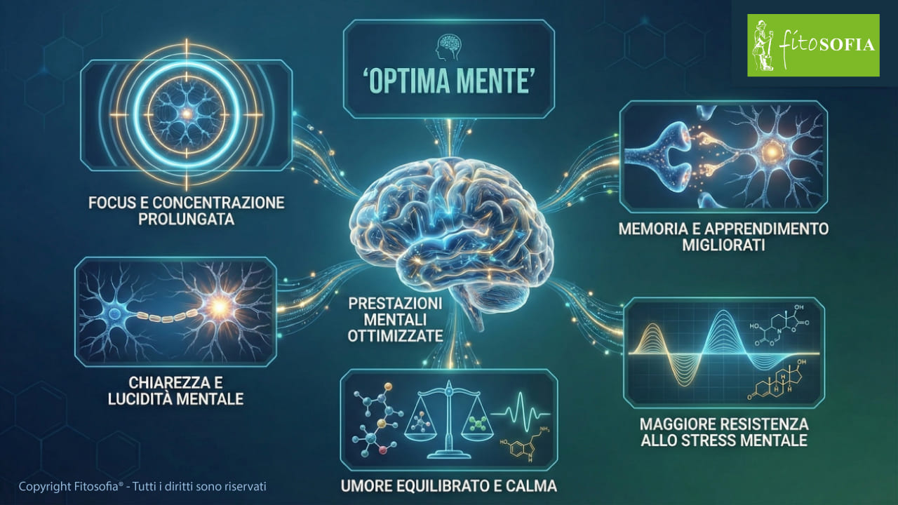 Visualizzazione scientifica avanzata dei benefici neurocognitivi di Optimamente. Al centro, un modello cerebrale luminoso è connesso a cinque moduli tecnici che mostrano reti neurali per 'Focus e concentrazione prolungata', sinapsi attive per 'Memoria e apprendimento migliorati', strutture molecolari e onde per 'Maggiore resistenza allo stress mentale', una bilancia biochimica per 'Umore equilibrato e calma', e percorsi neuronali chiari per 'Chiarezza e lucidità mentale'.