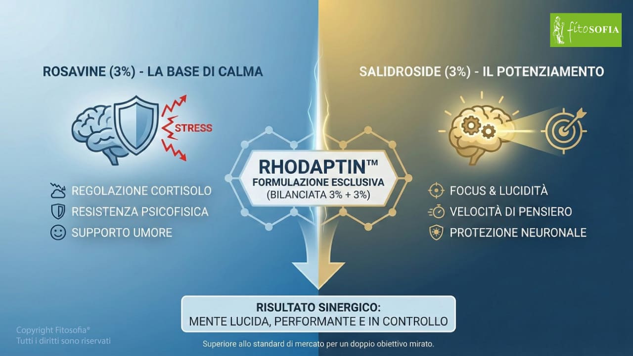 Infografica scientifica che illustra l'azione duale di Rhodaptin. A sinistra (blu), le Rosavine (3%) regolano cortisolo e stress per una base di calma. A destra (oro), il Salidroside (3%) potenzia focus, lucidità e velocità di pensiero. Al centro, la formulazione esclusiva 3%+3% converge nel risultato sinergico di una mente lucida e performante.