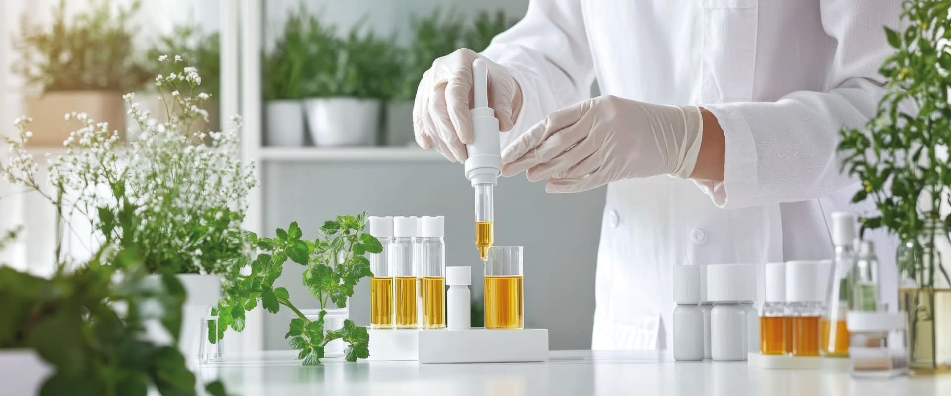 Analisi di laboratorio e controllo qualità su un estratto vegetale in un ambiente scientifico e naturale.