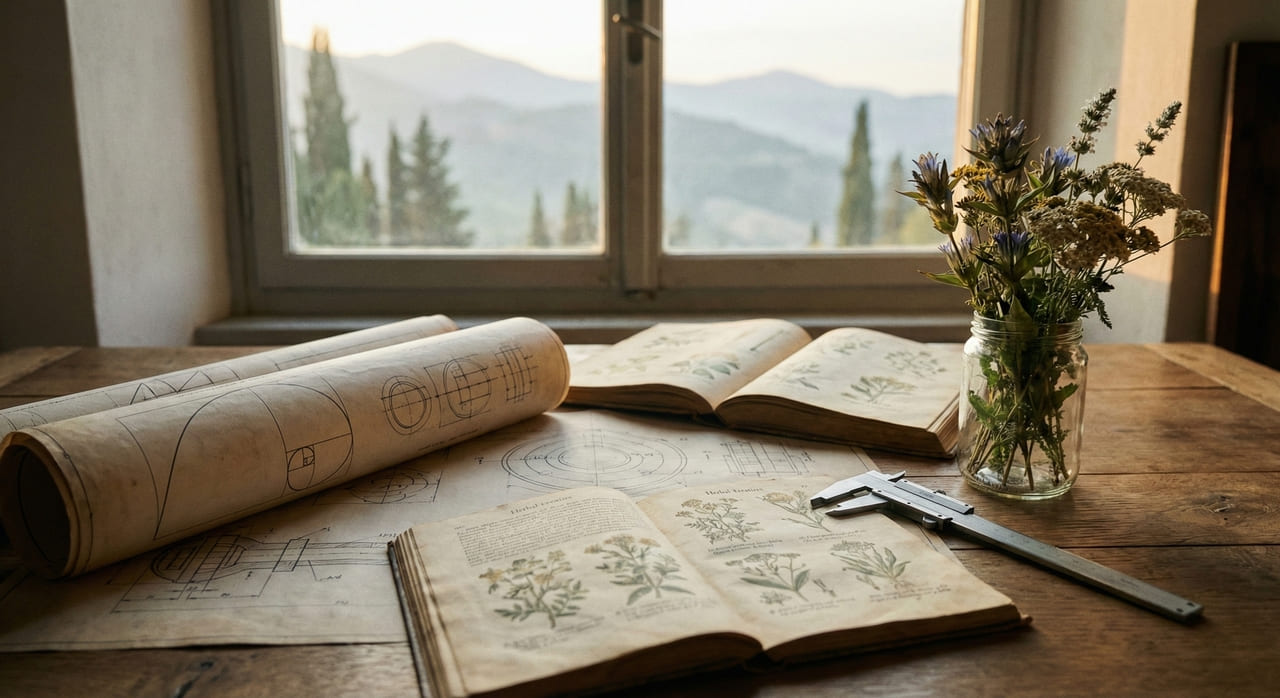Progetti di ingegneria biomedica e calibro su tavolo di lavoro accanto a libri antichi di erboristeria e fiori di campo.