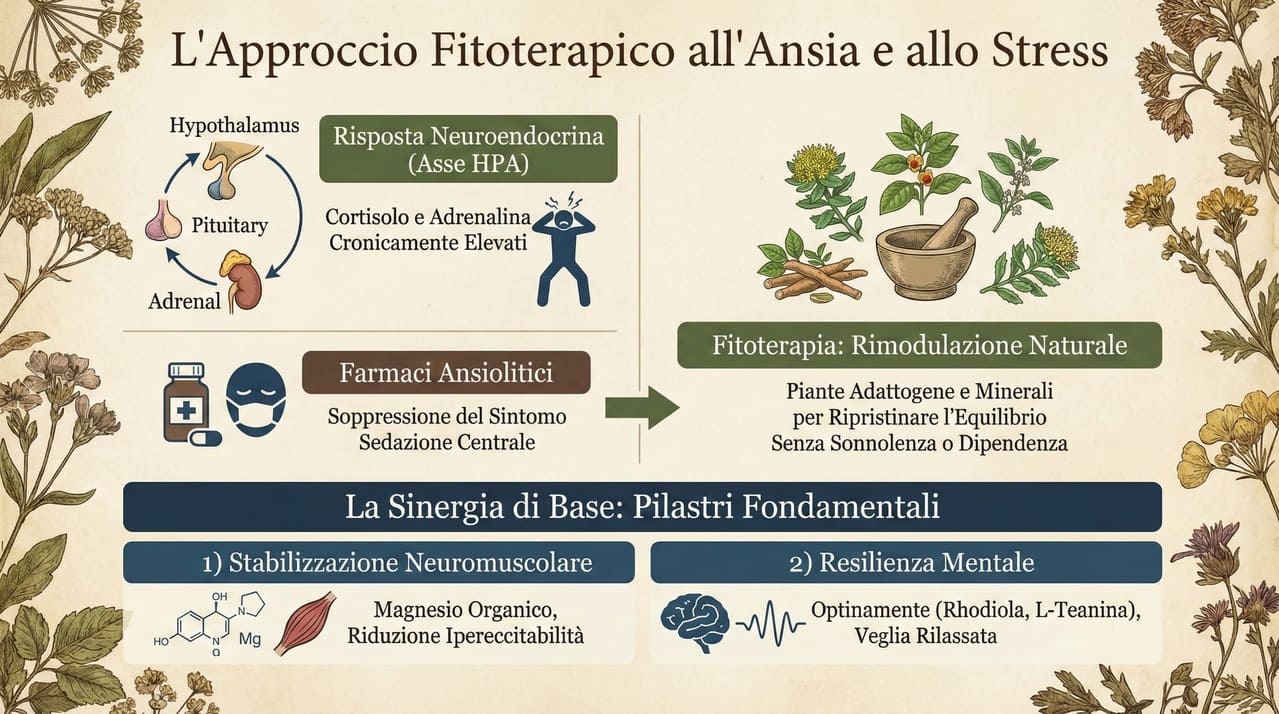 Infografica che spiega il funzionamento dell'asse HPA nello stress e confronta l'azione dei farmaci ansiolitici con la fitoterapia a base di magnesio e piante adattogene per la resilienza mentale.