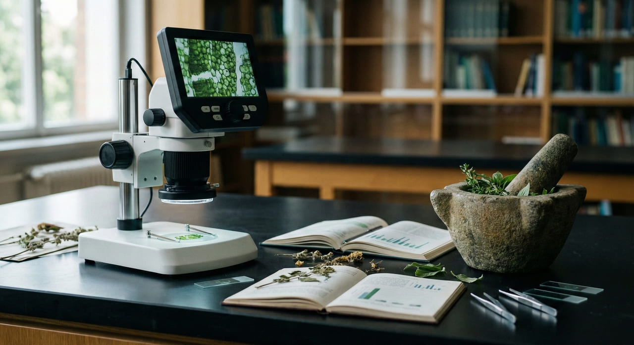 Un moderno microscopio digitale posizionato accanto a un antico mortaio in pietra con erbe officinali in un laboratorio di ricerca.
