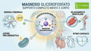 Benefici del magnesio glicerofosfato: alta biodisponibilità, supporto all'energia cerebrale (ATP), rilassamento muscolare, azione pro-energetica mitocondriale e regolarità del ritmo cardiaco.