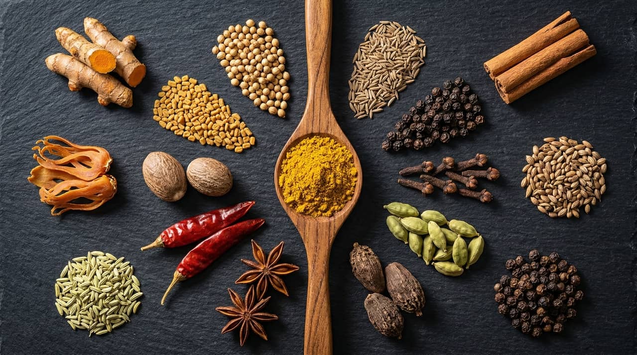 Composizione del curry in polvere Fitosofia. Al centro, la miscela finita ricca di curcumina, circondata dalle 14 spezie che la compongono, tra cui radici di curcuma, pepe nero, cannella e anice stellato.