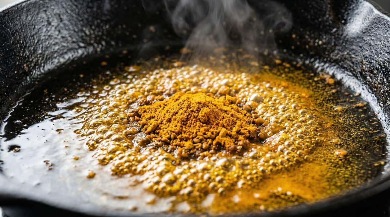 Dettaglio macro del curry in polvere Fitosofia in fase di tostatura (blooming) in olio caldo su padella in ghisa. L'estrazione nei grassi solubilizza i fitocomplessi lipofili, massimizzando la biodisponibilità della curcumina a livello intestinale.