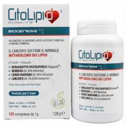 Confezione e flacone di Citolipid, integratore naturale per il metabolismo dei lipidi e colesterolo. Formula senza monacolina da riso rosso con Bergamotto Vazguard, Berberina e Carciofo. 120 compresse.